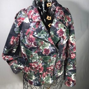 NWOT Colleen Lopez Floral Women's Jacket Pockets Asymmetric Zipper Snaps LRG